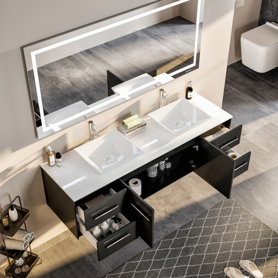 Wave 72 in. Espresso Wall Mount Double Sink Bath Vanity with White Quartz Top and Vessel Porcelain Sinks