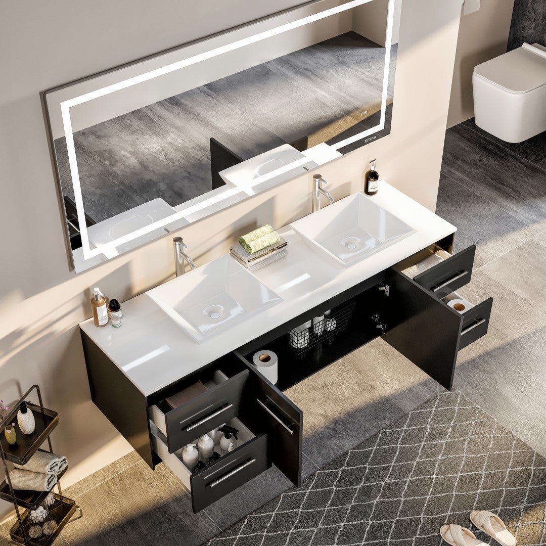 Wave 72 in. Espresso Wall Mount Double Sink Bath Vanity with White Quartz Top and Vessel Porcelain Sinks - Bathroom Vanity by Eviva