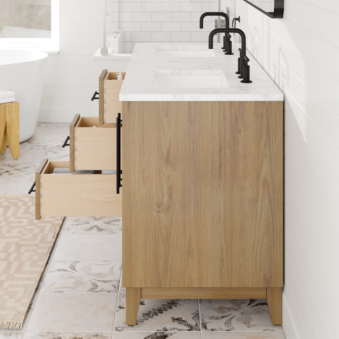 Graham 60 in. Oak Double Sink Bath Vanity with Arabescato Engineered Stone Top and Undermount Porcelain Sinks