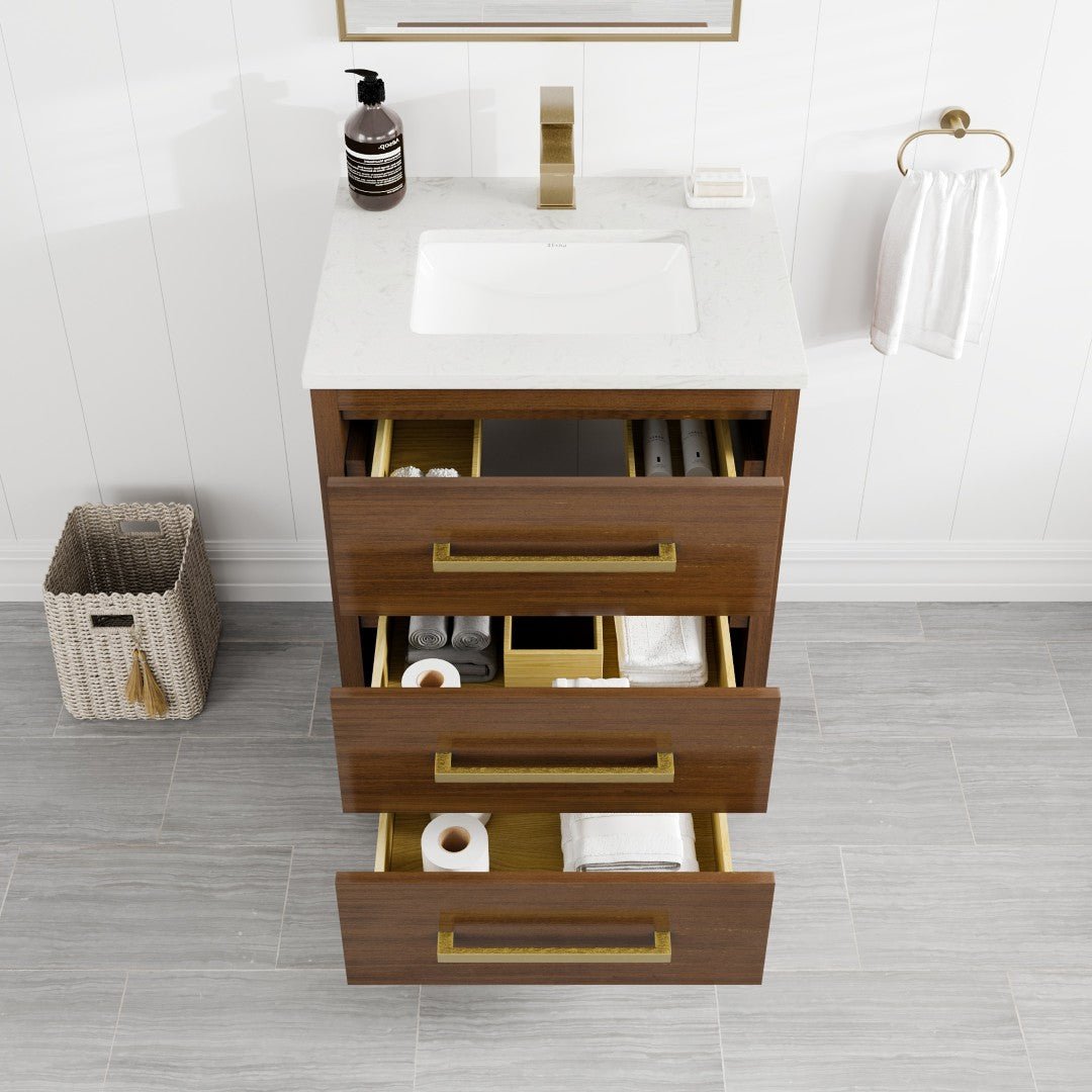 Curio 24 in. Walnut Single Sink Bath Vanity with Carrara Quartz Top and Undermount Porcelain Sink - Bathroom Vanity by Eviva