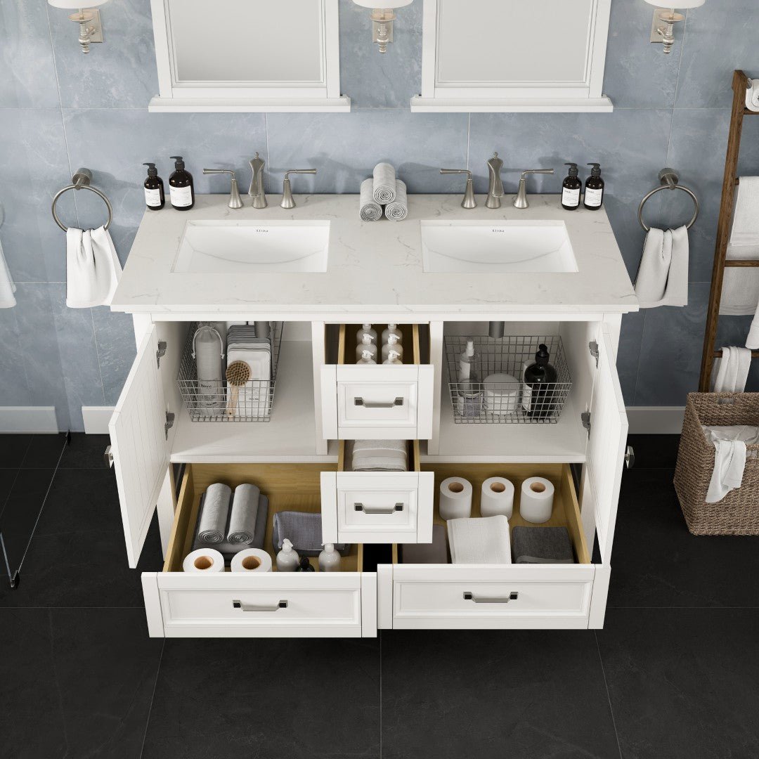 Britney 48 in. White Double Sink Bath Vanity with Carrara Quartz Top and Undermount Porcelain Sinks - Bathroom Vanity by Eviva