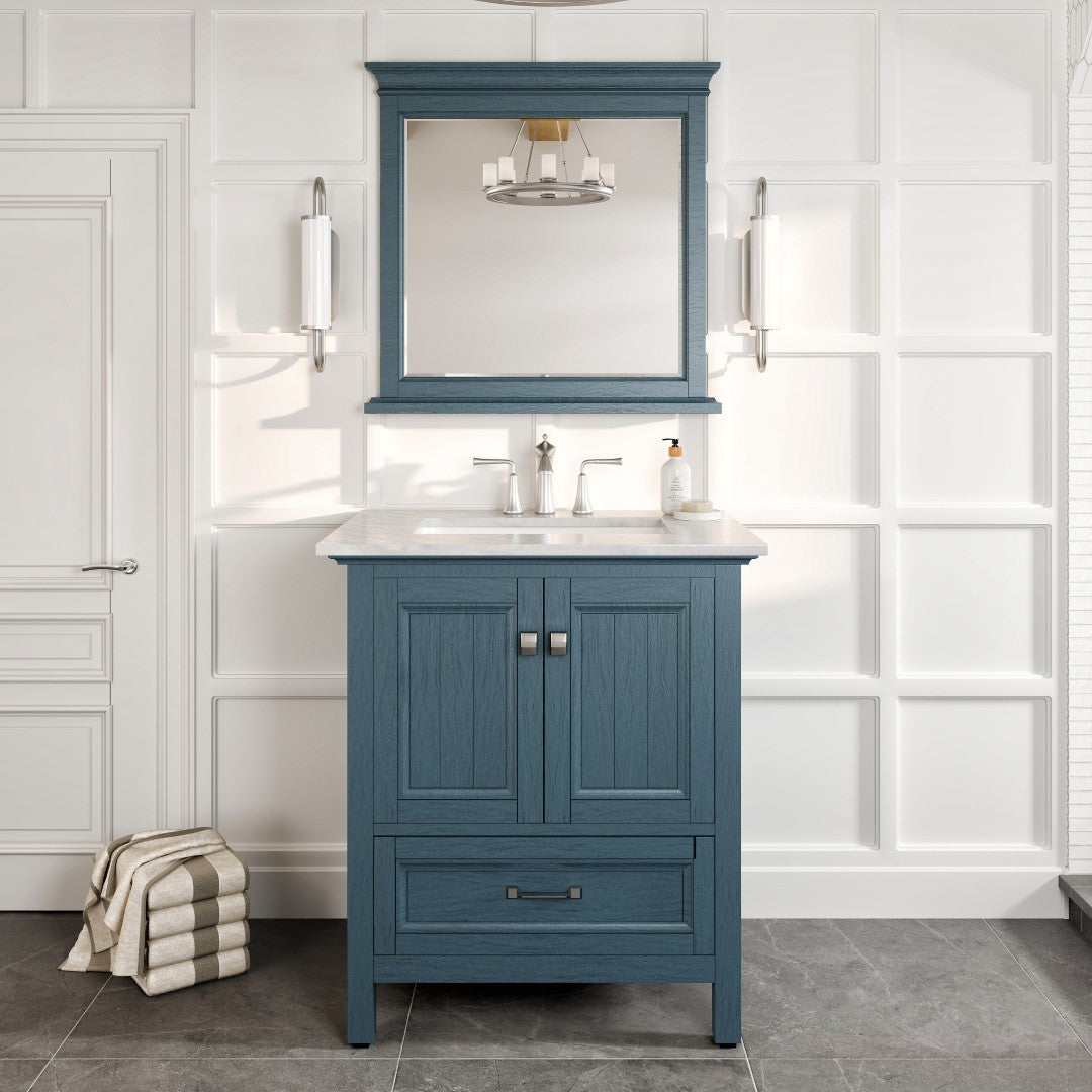 Eviva Britney 30 Inch Transitional Ash Blue Bathroom Vanity with Carrera Marble Top