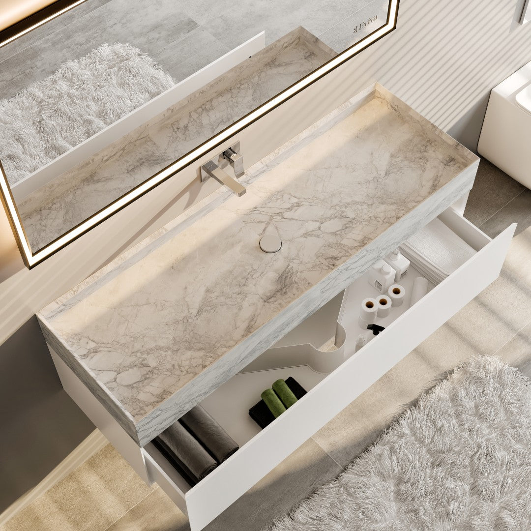 Fritti 36 in. White Wall Mount Single Sink Bath Vanity with Carrara Marble Top and Integrated Sink