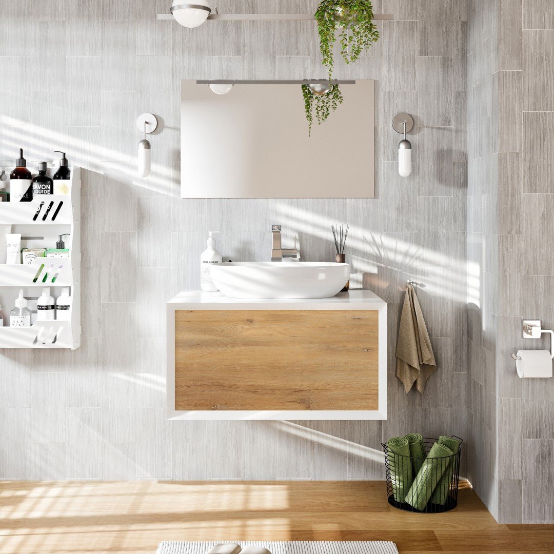 Santa Monica 30 in. White Oak Wall Mount Single Sink Bath Vanity with Acrylic Top and Vessel Solid Surface Sink - Bathroom Vanity by Eviva