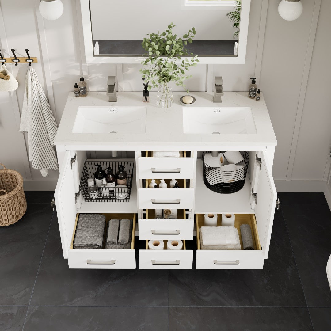 London 54 in. White Double Sink Bath Vanity with Carrara Quartz Top and Undermount Porcelain Sinks