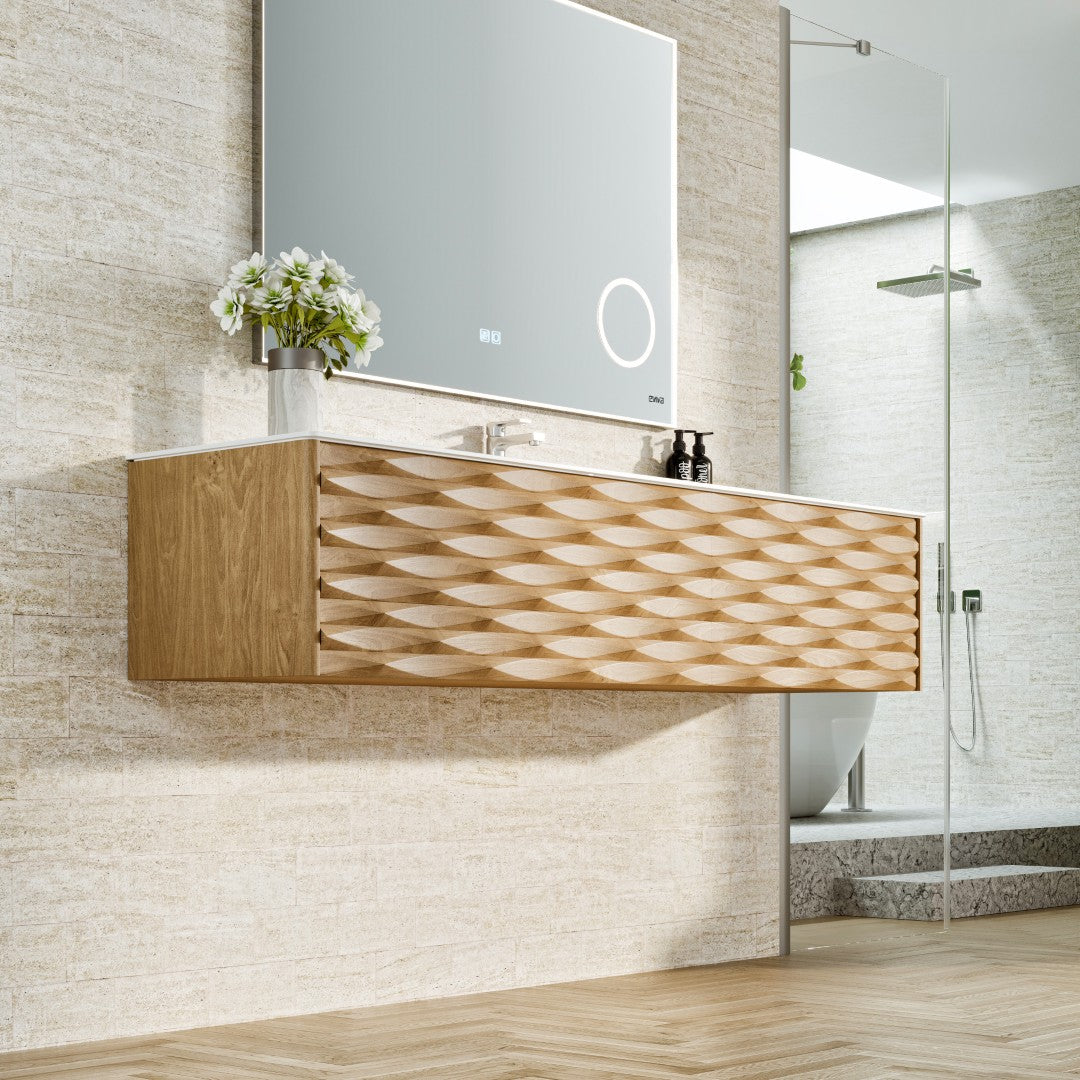 Oahu 55 in. Oak Wall Mount Single Sink Bath Vanity with Solid Surface Top and Integrated Sink