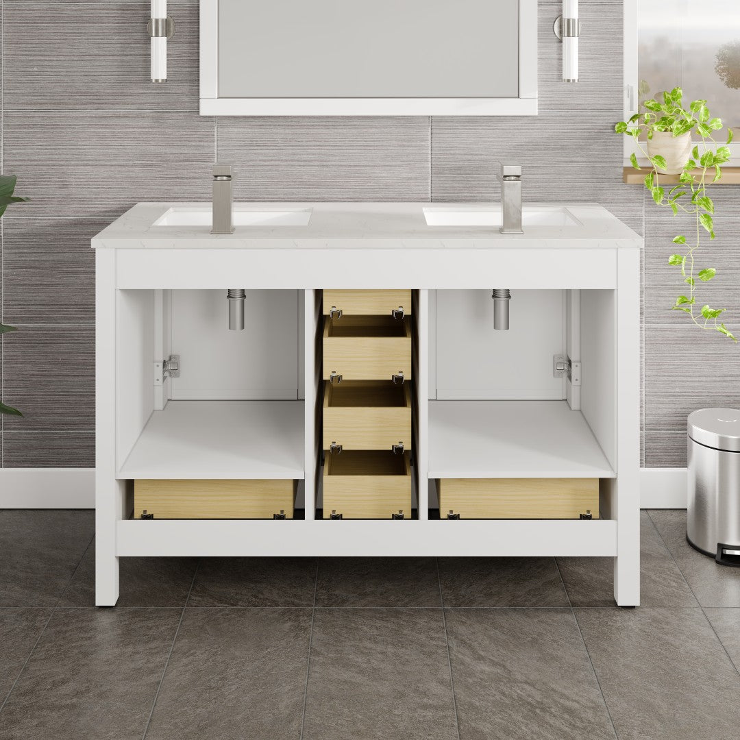 London 48 in. White Double Sink Bath Vanity with Carrara Quartz Top and Undermount Porcelain Sinks