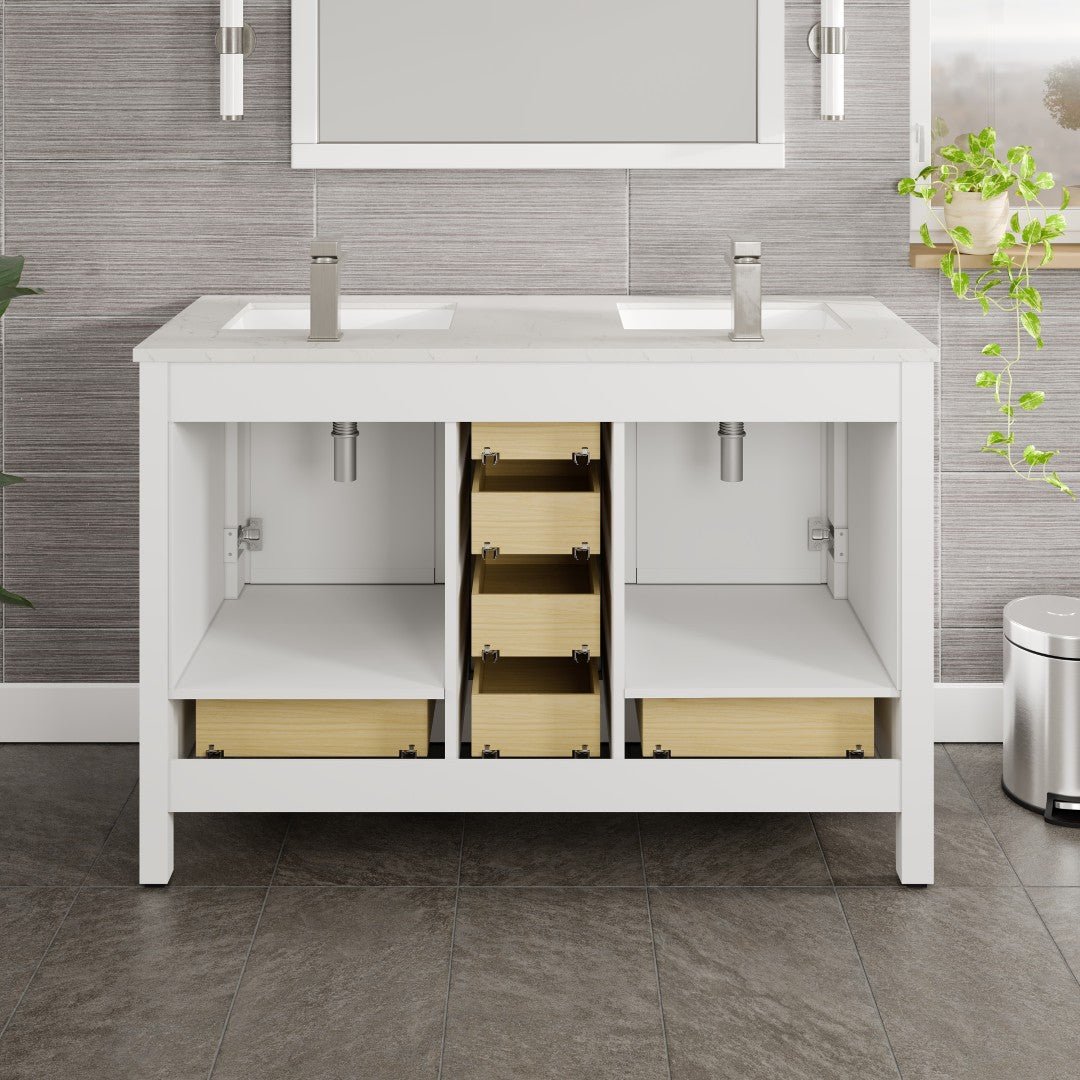 London 48 in. White Double Sink Bath Vanity with Carrara Quartz Top and Undermount Porcelain Sinks - Bathroom Vanity by Eviva