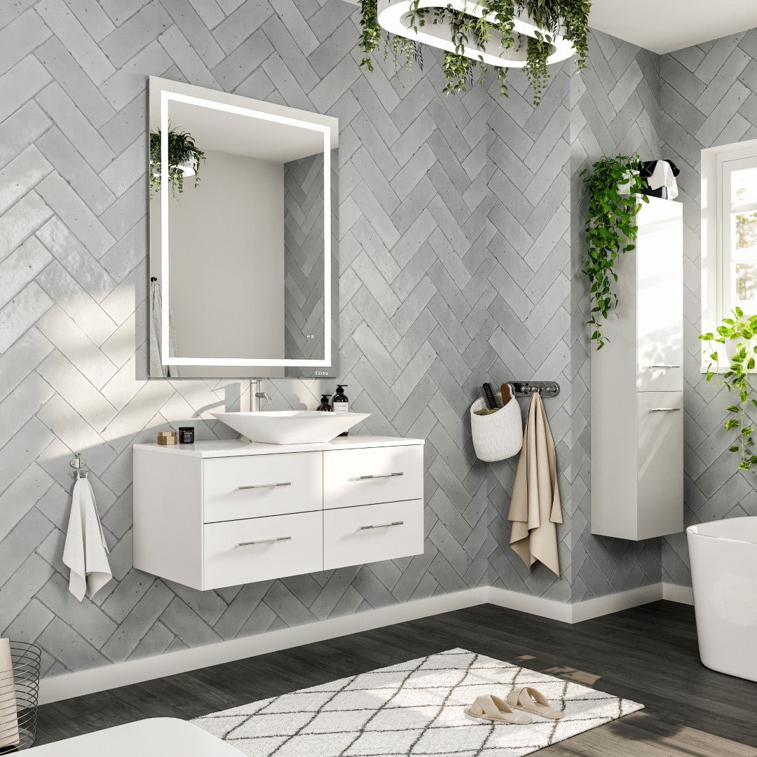 Wave 36 in. White Wall Mount Single Sink Bath Vanity with White Quartz Top and Vessel Porcelain Sink - Bathroom Vanity by Eviva