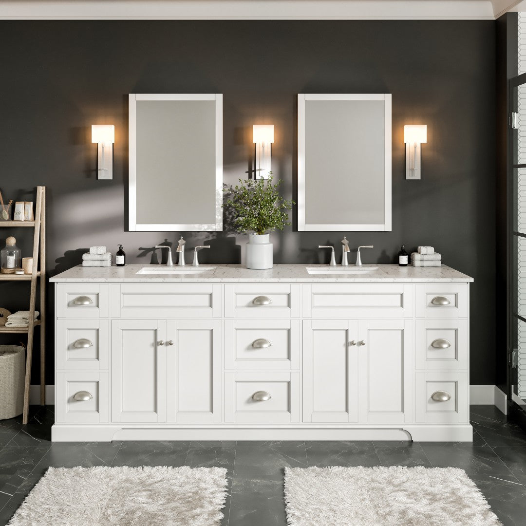 Epic 96 in. White Double Sink Bath Vanity with Carrara Quartz Top and Undermount Porcelain Sinks