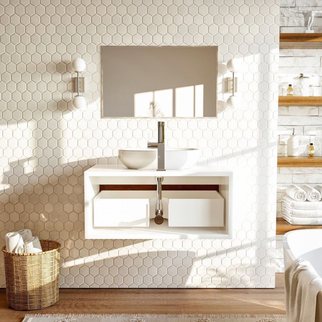 Santa Monica 36 in. Rosewood Wall Mount Single Sink Bath Vanity with Acrylic Top and Vessel Solid Surface Sink