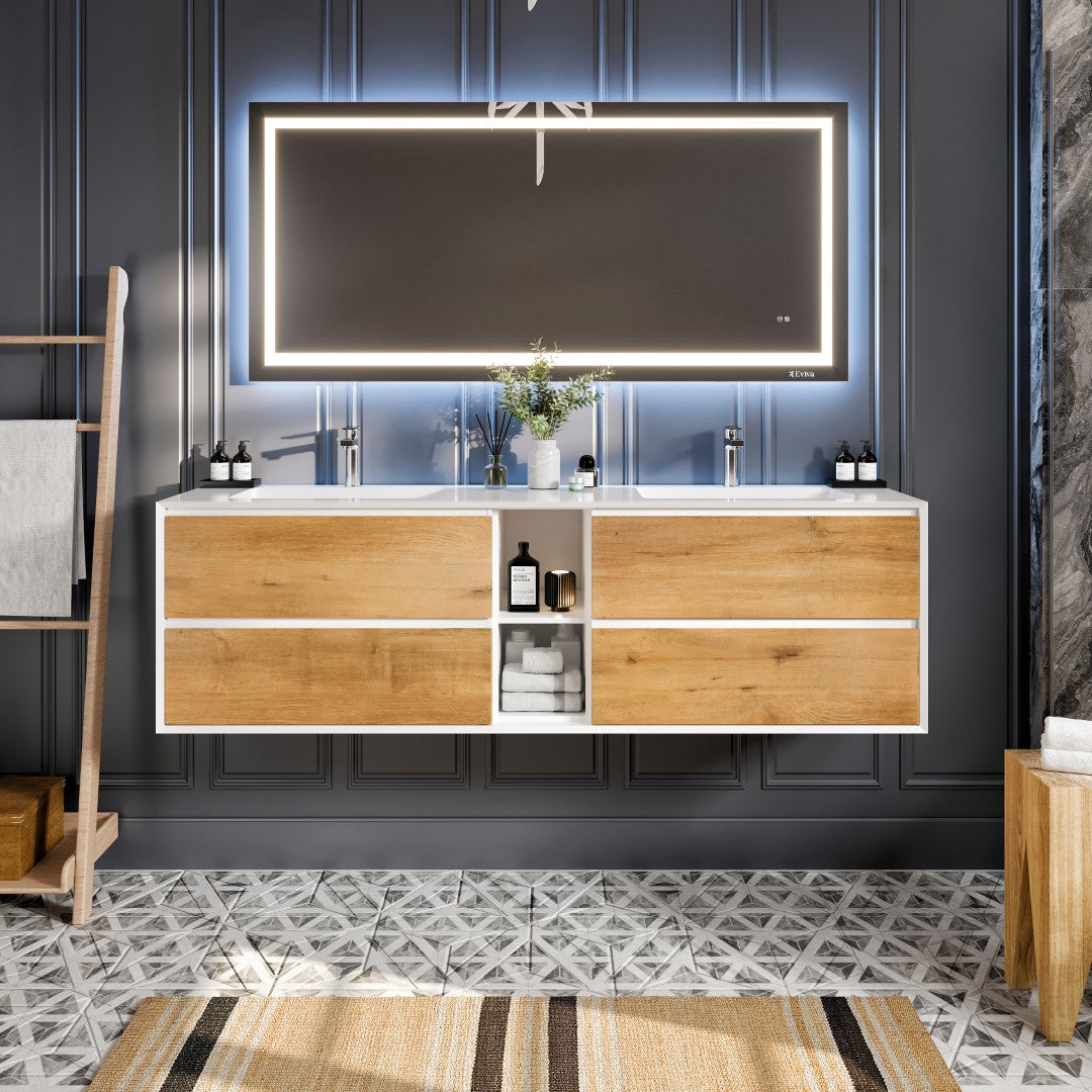 Vienna 75" WH Oak Wall Mount Double Sink Bath Vanity with Acrylic Top and Integrated Sinks
