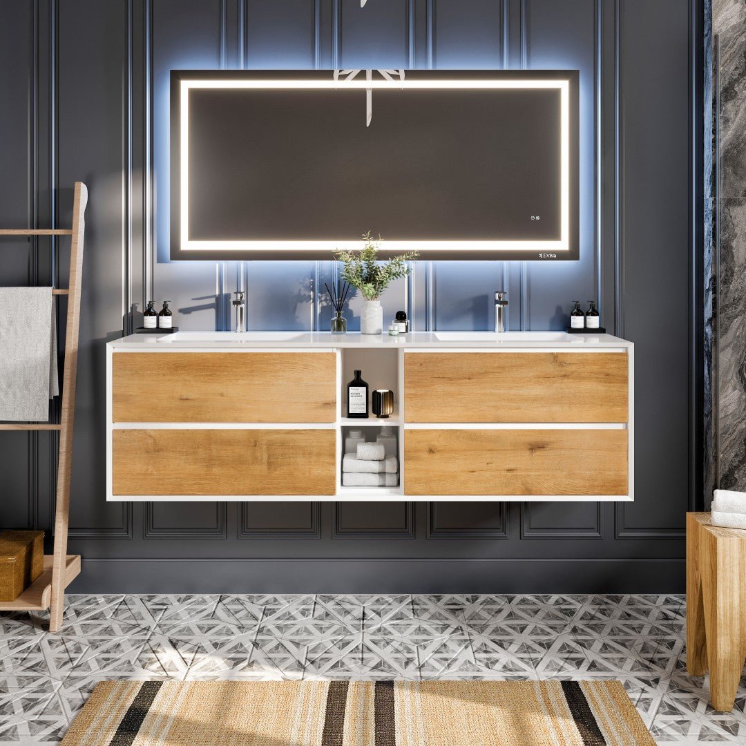 Vienna 75" WH Oak Wall Mount Double Sink Bath Vanity with Acrylic Top and Integrated Sinks - Bathroom Vanity by Eviva