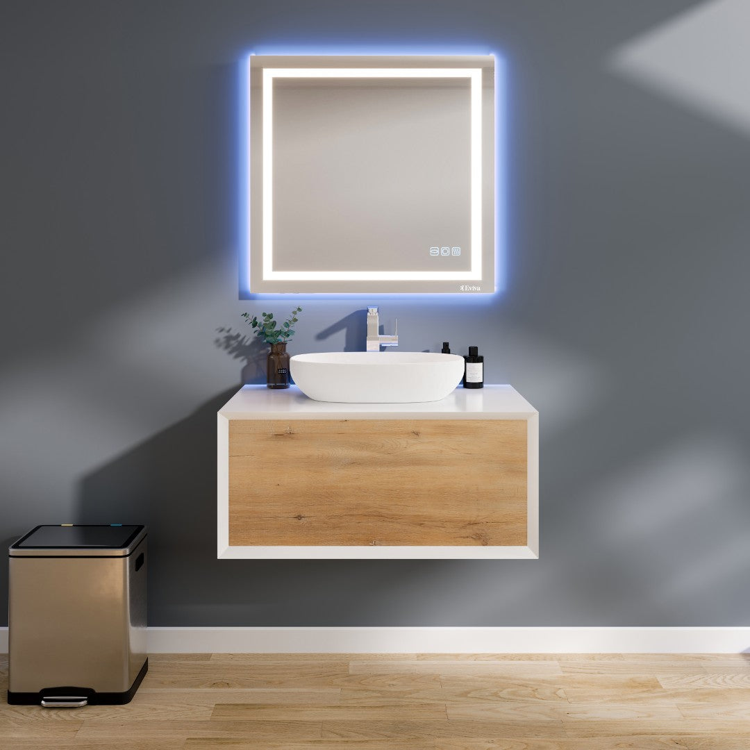Santa Monica 36 in. White Oak Wall Mount Single Sink Bath Vanity with Acrylic Top and Vessel Solid Surface Sink