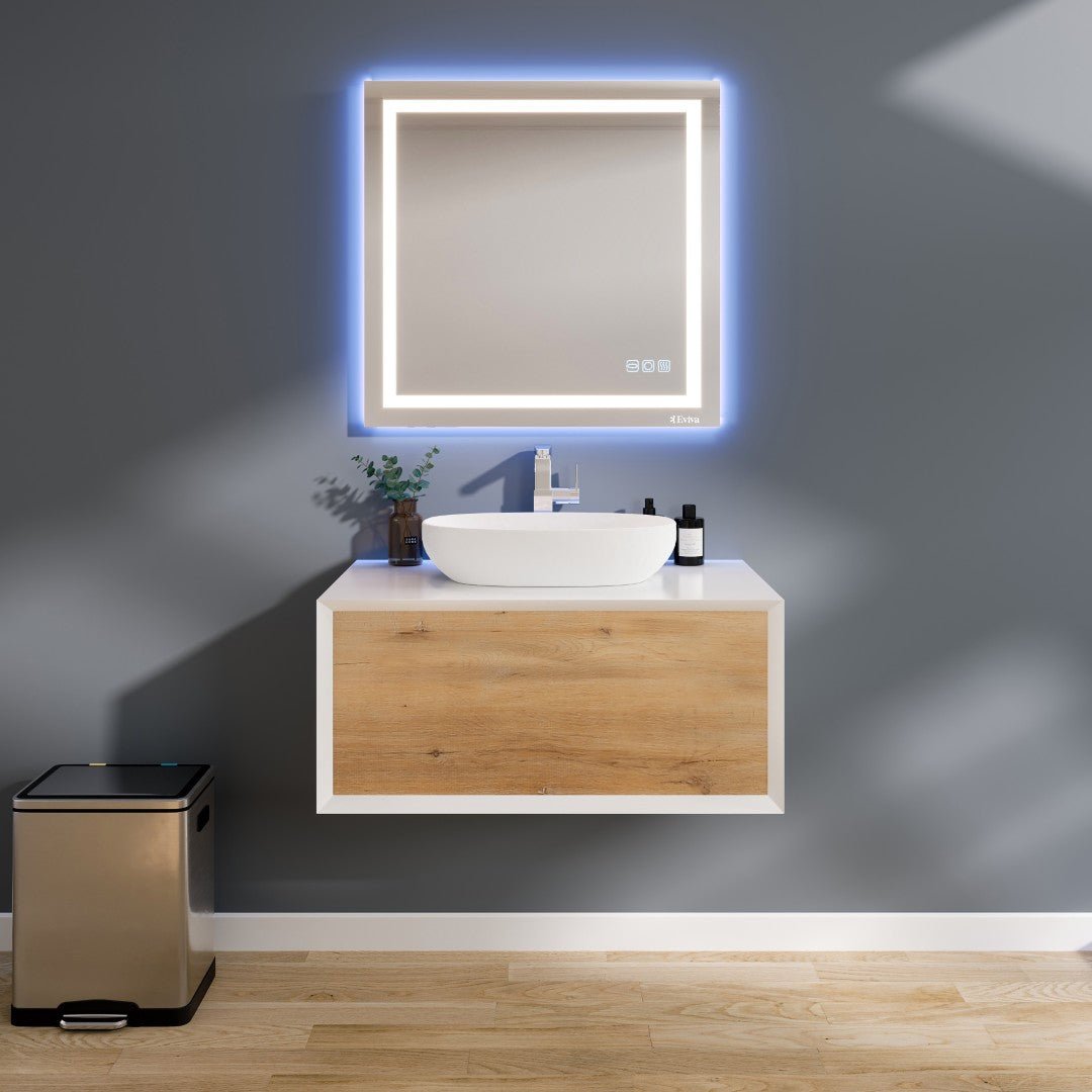 Santa Monica 36 in. White Oak Wall Mount Single Sink Bath Vanity with Acrylic Top and Vessel Solid Surface Sink - Bathroom Vanity by Eviva