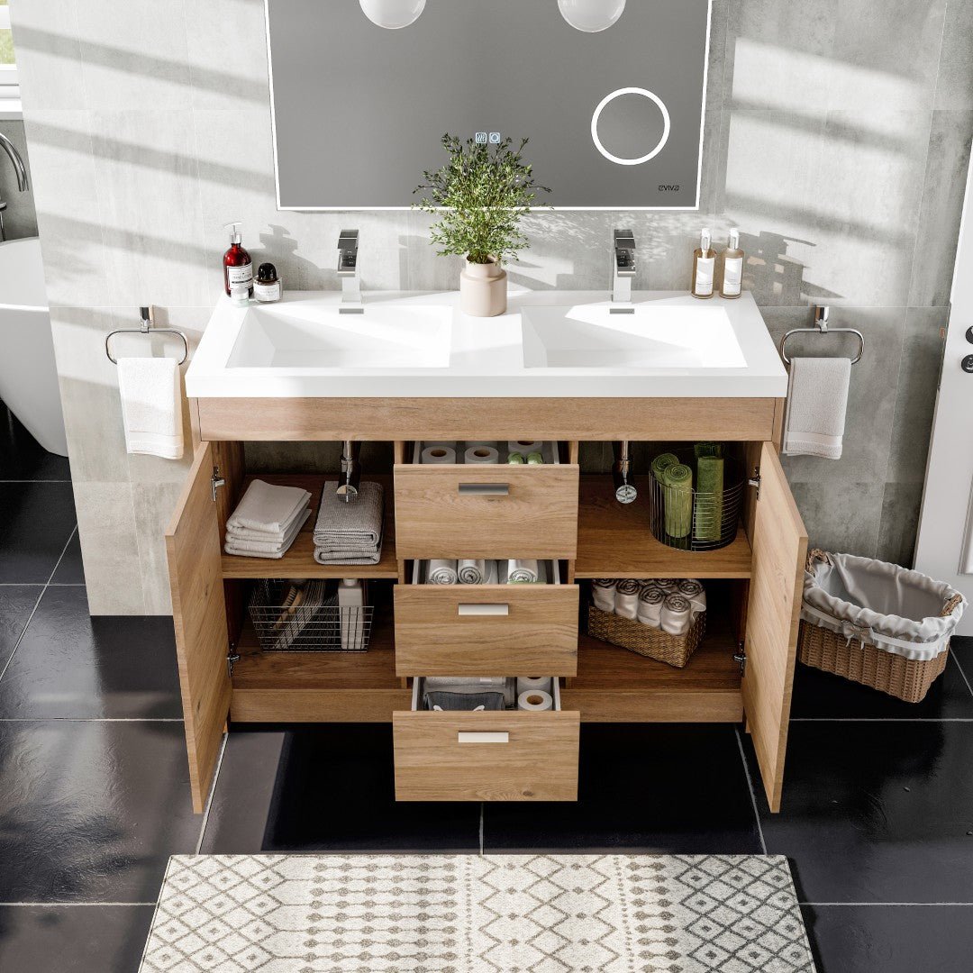 Lugano 48 in. Natural Oak Double Sink Bath Vanity with Acrylic Top and Integrated Sinks - Bathroom Vanity by Eviva