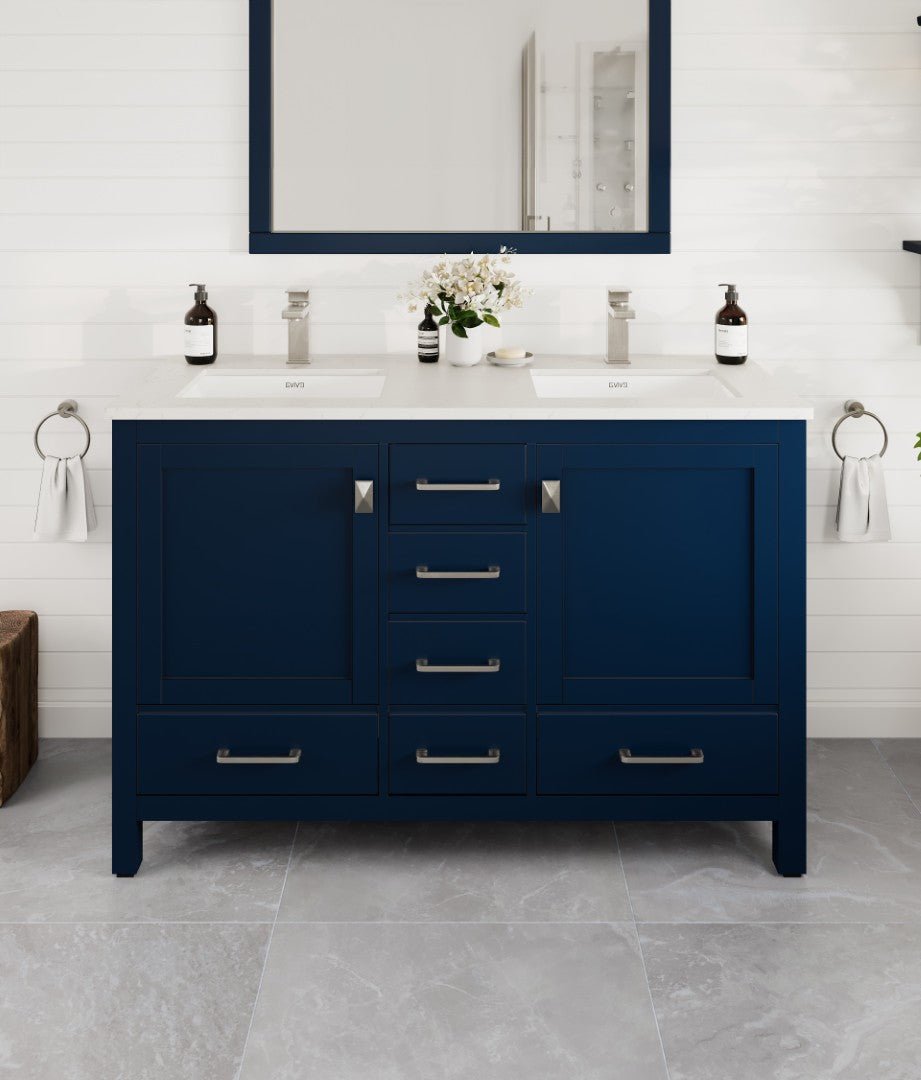 London 48 in. Blue Double Sink Bath Vanity with Carrara Quartz Top and Undermount Porcelain Sinks - Bathroom Vanity by Eviva