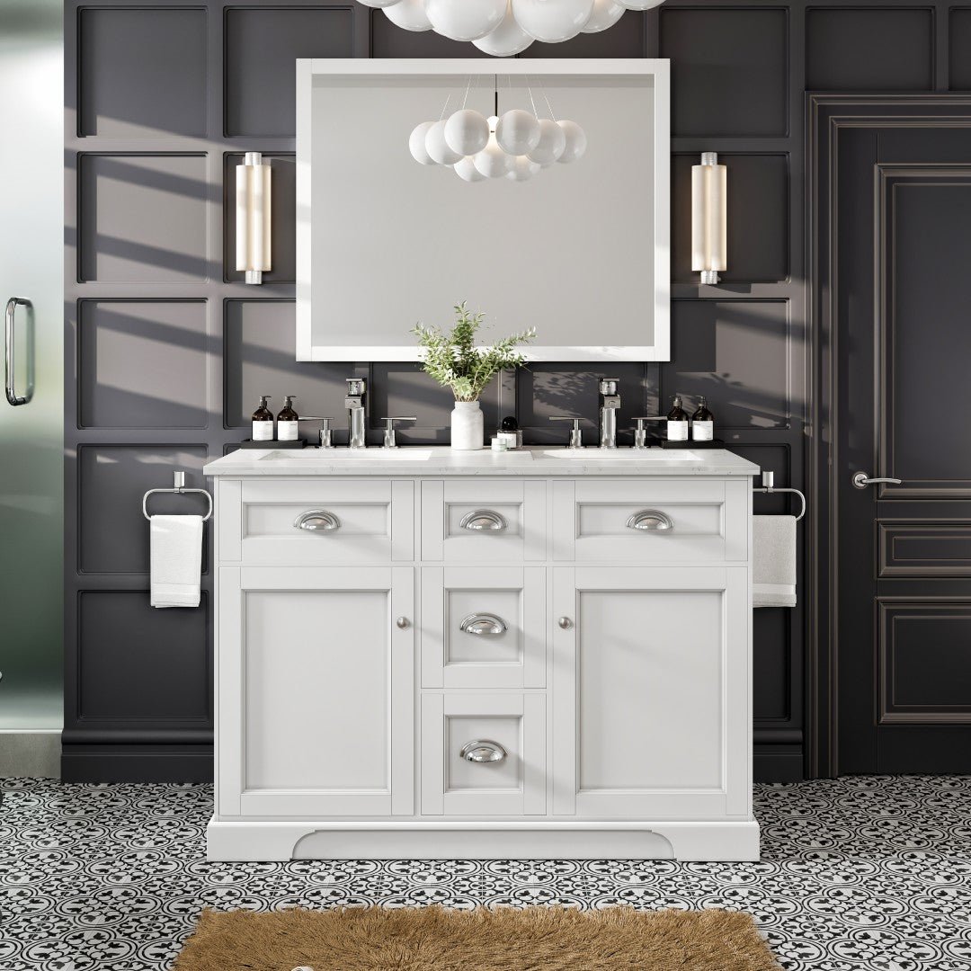 Epic 48 in. White Double Sink Bath Vanity with Carrara Quartz Top and Undermount Porcelain Sinks - Bathroom Vanity by Eviva