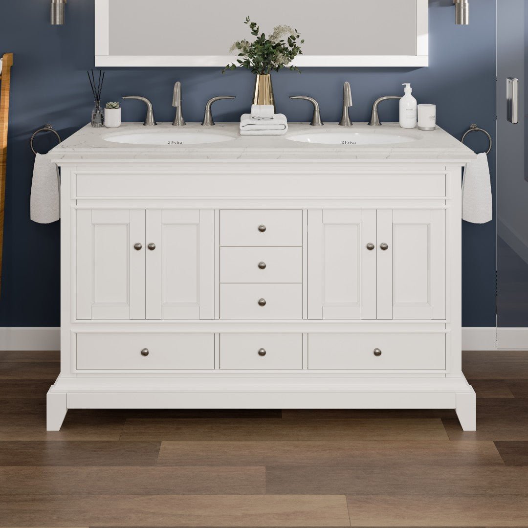 Elite Stamford 48 in. White Double Sink Bath Vanity with Carrara Quartz Top and Undermount Porcelain Sinks - Bathroom Vanity by Eviva