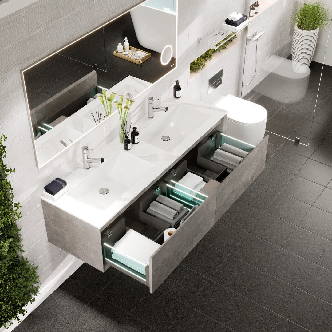 Aurora 60 in. Concrete Gray Wall Mount Double Sink Bath Vanity with Carrara Quartz Top and Undermount Porcelain Sinks - Bathroom Vanity by Eviva