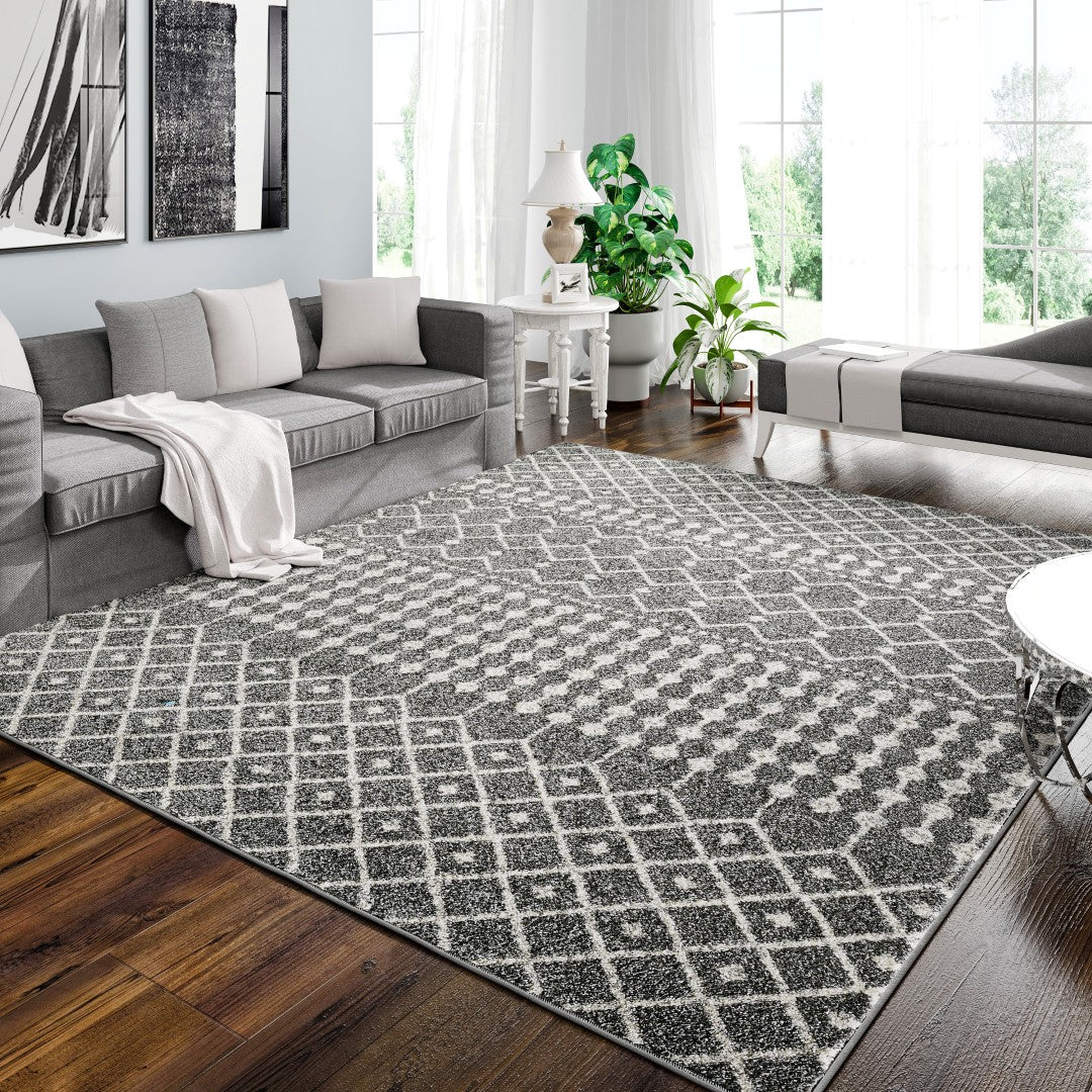 Eviva Grid 8' x 10' Geometric anthracite Gray/Cream Rug - Rug by Eviva