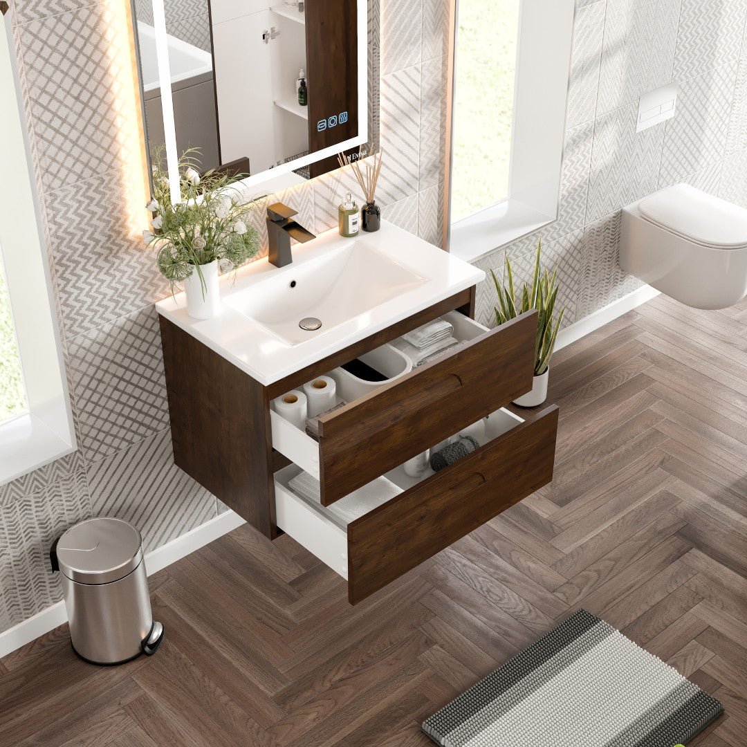Joy 32 in. Rosewood Wall Mount Single Sink Bath Vanity with Porcelain Top and Integrated Sink - Bathroom Vanity by Eviva