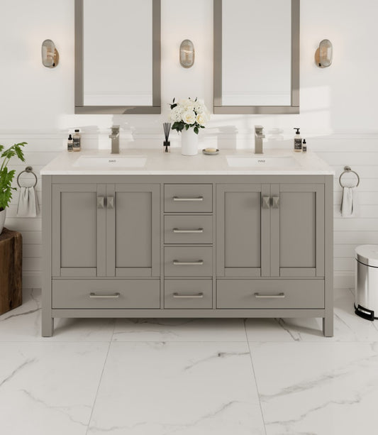 London 60"W x 18"D Gray Double Sink Bathroom Vanity with Carrara Quartz Countertop and Undermount Porcelain Sink