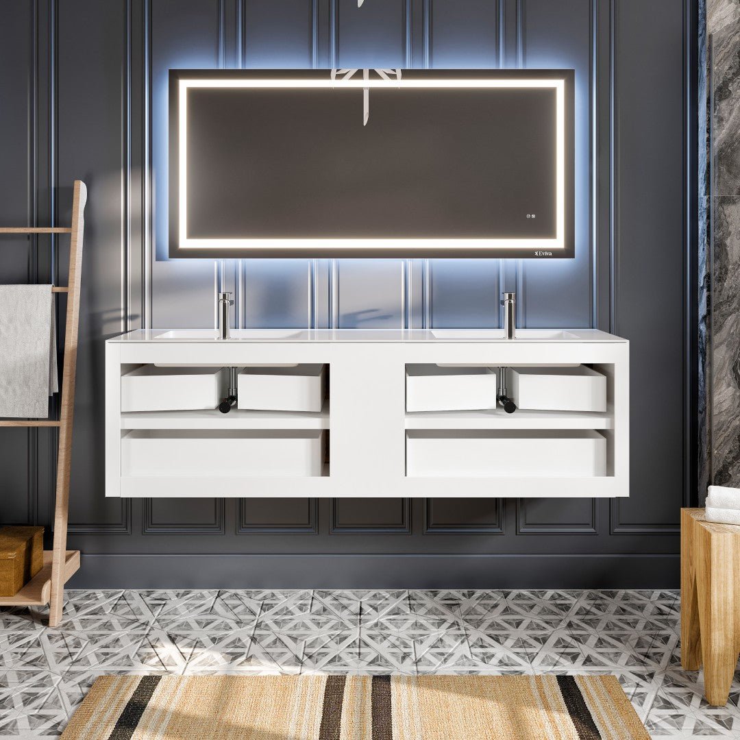 Vienna 75" WH Oak Wall Mount Double Sink Bath Vanity with Acrylic Top and Integrated Sinks - Bathroom Vanity by Eviva