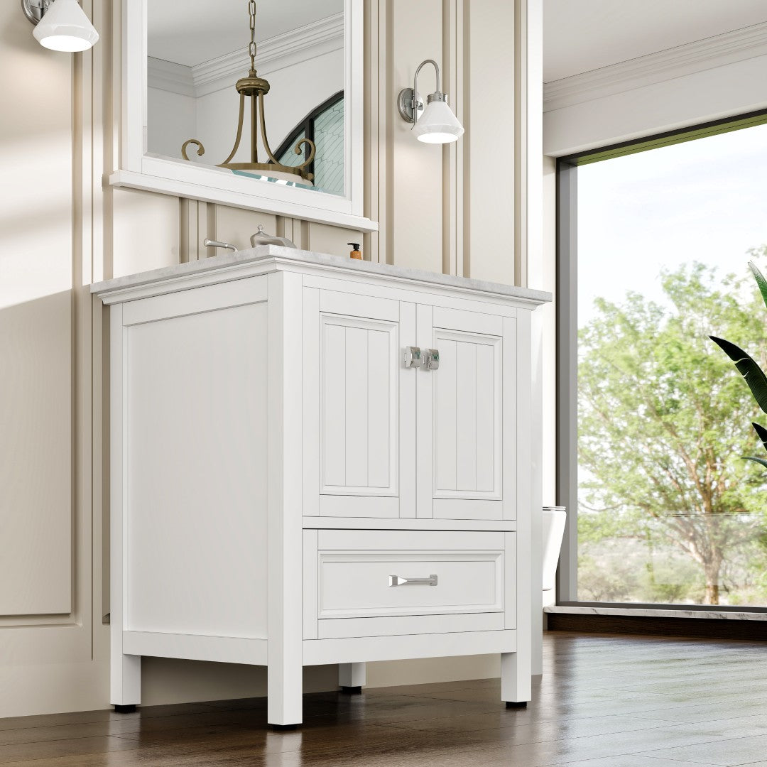 Eviva Britney 30 Inch Transitional White Bathroom Vanity with Carrera Marble Top