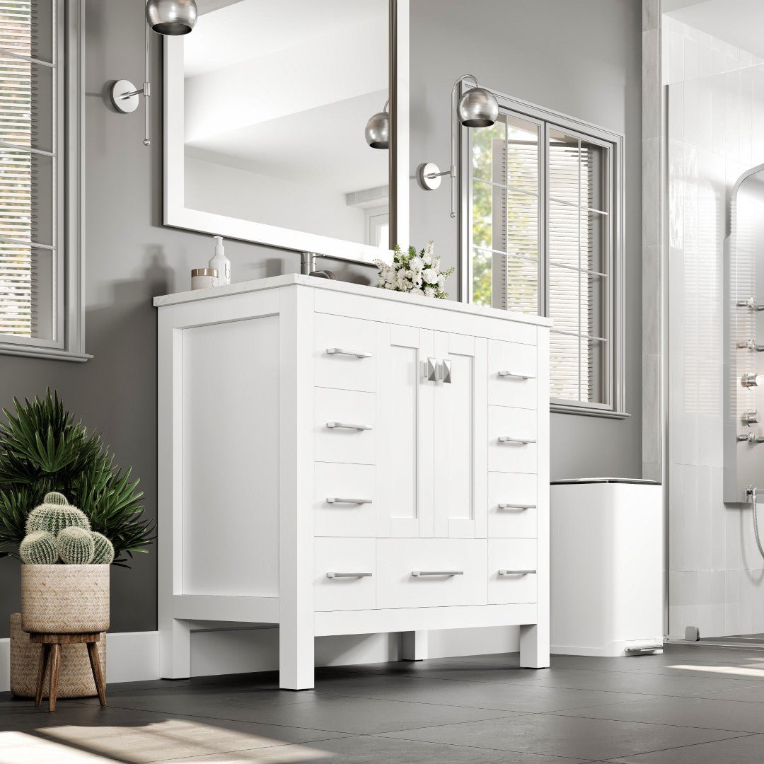 Hampton 36" x 18" White Single Sink Bath Vanity with Carrara Quartz Top and Undermount Porcelain Sink - Bathroom Vanity by Eviva