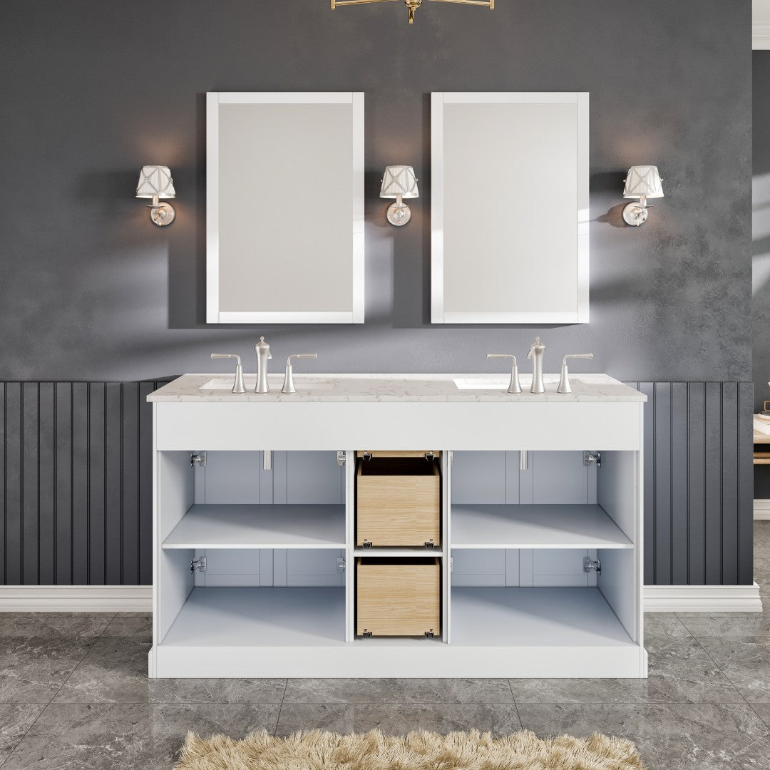 Epic 60 in. White Double Sink Bath Vanity with Carrara Quartz Top and Undermount Porcelain Sinks