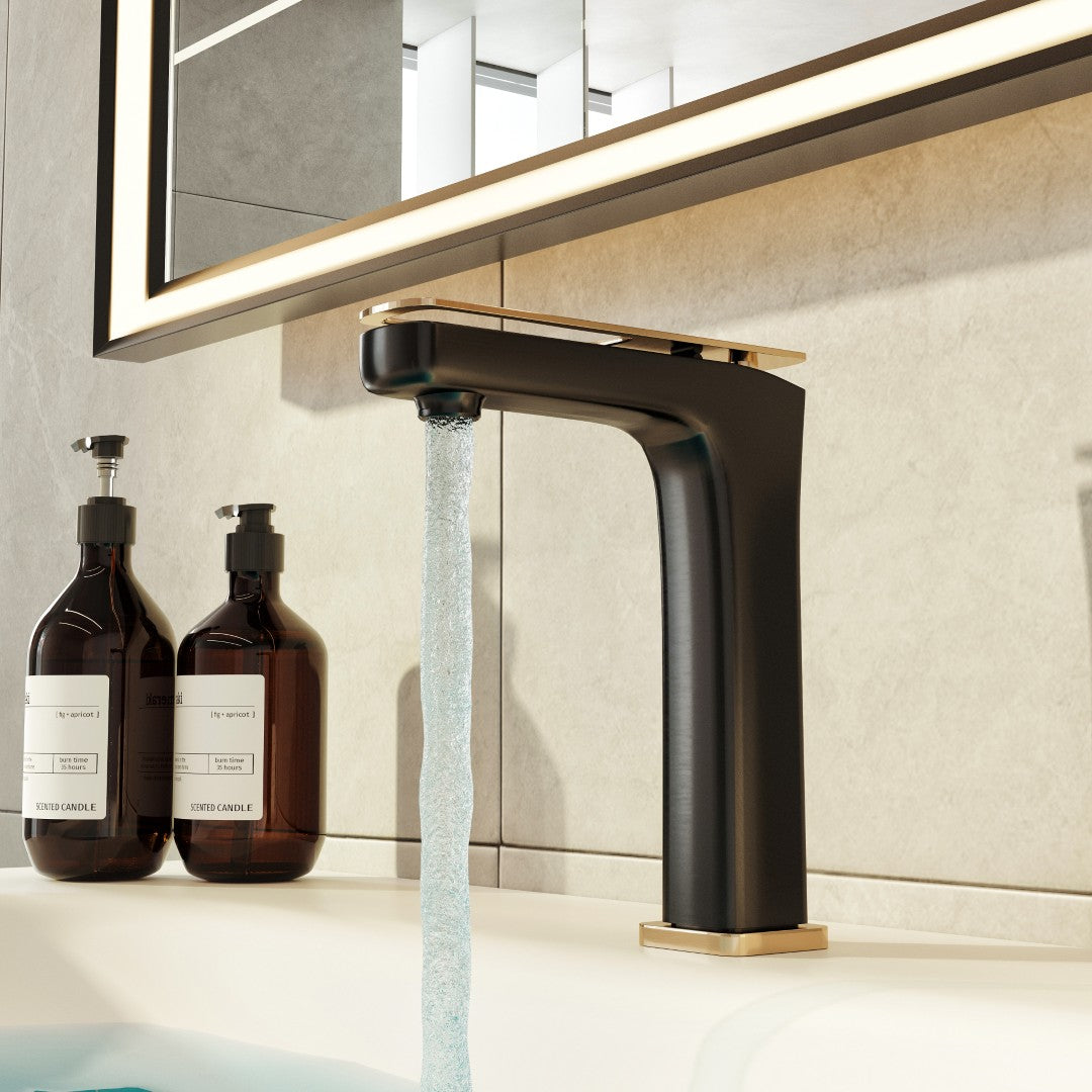 Eviva Rose Single-Handle Waterfall Single-Hole Bathroom Faucet with Gold Handle and Deckplate Included in Matte Black