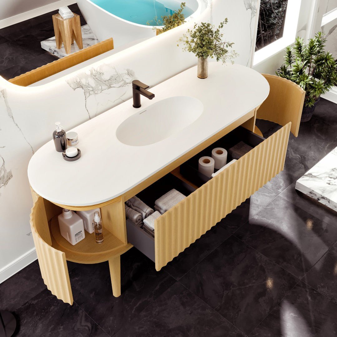 Haven 64 in. Natural Oak Freestanding Single Sink Bath Vanity with Solid Surface Top and Integrated Sink - Bathroom Vanity by Eviva