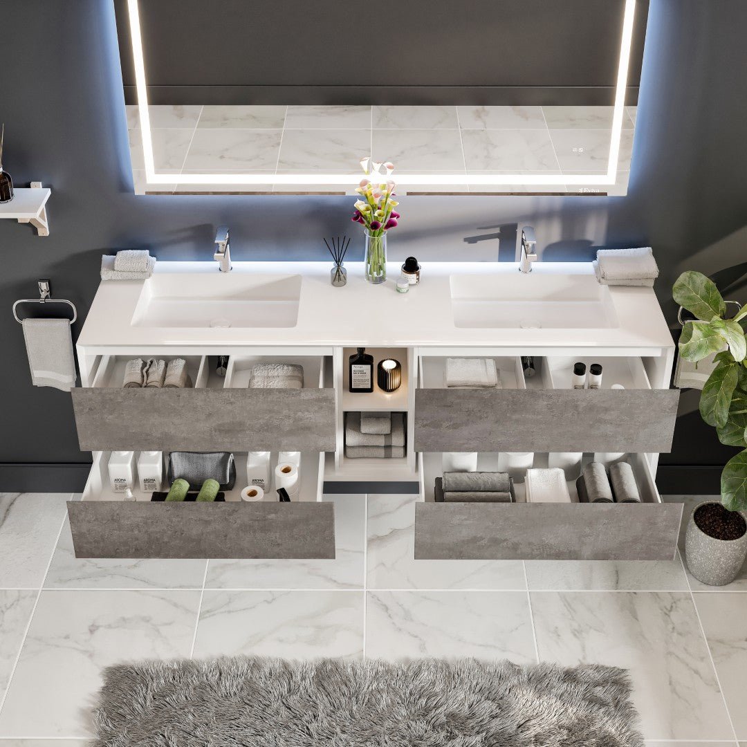Vienna 75 in. Concrete Gray Wall Mount Double Sink Bath Vanity with Acrylic Top and Integrated Sinks - Bathroom Vanity by Eviva