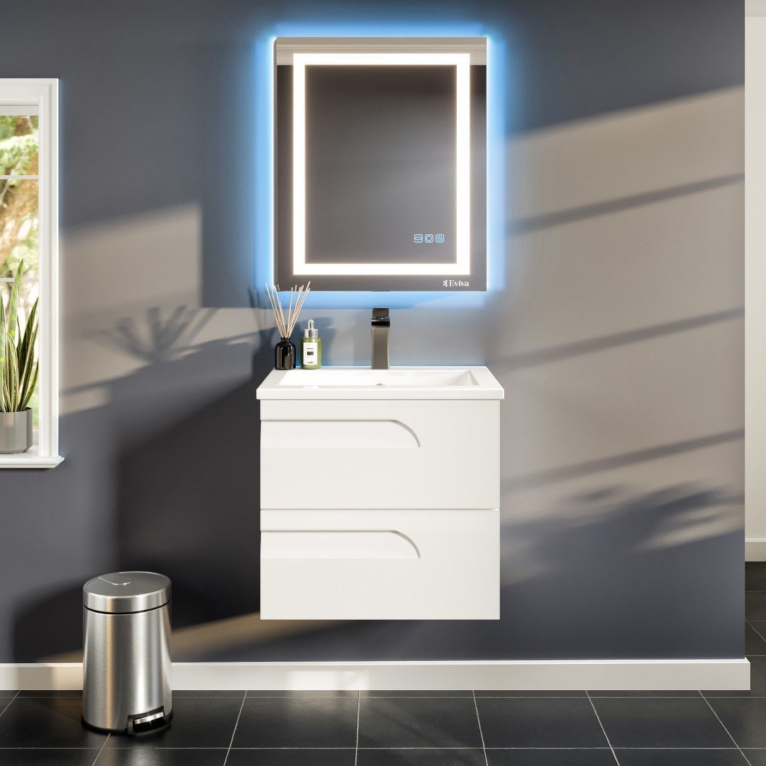 Joy 24 in. White Wall Mount Single Sink Bath Vanity with Porcelain Top and Integrated Sink - Bathroom Vanity by Eviva