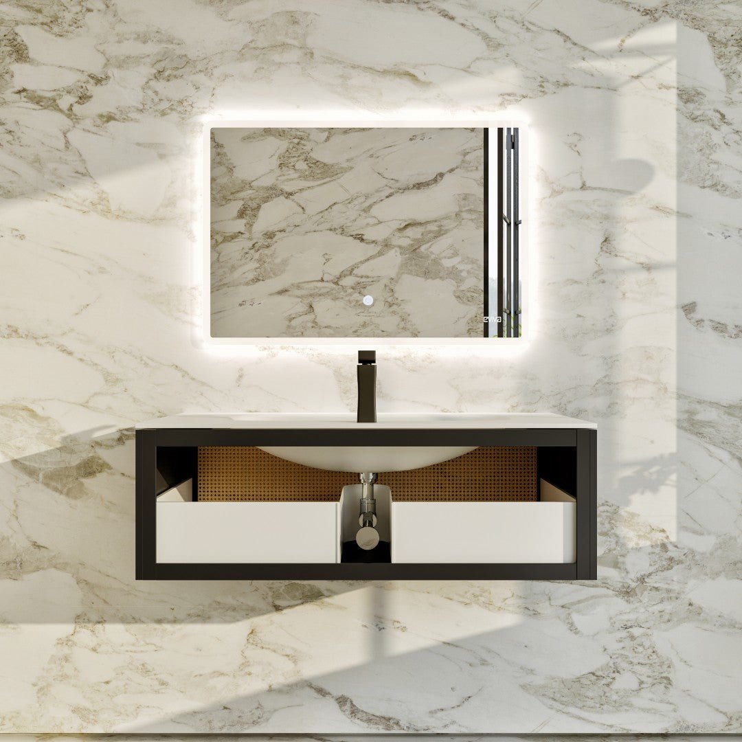 Nets 44 in. Natural Oak/Black Wall Mount Single Sink Bath Vanity with Solid Surface Top and Integrated Sink - Bathroom Vanity by Eviva