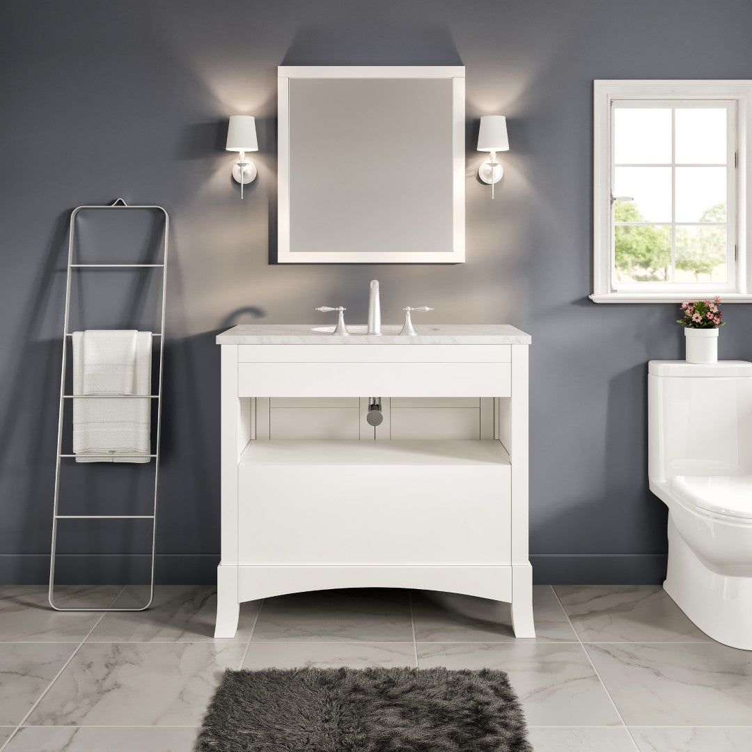 New York 36 in. White Single Sink Bath Vanity with Carrara Marble Top and Undermount Porcelain Sink