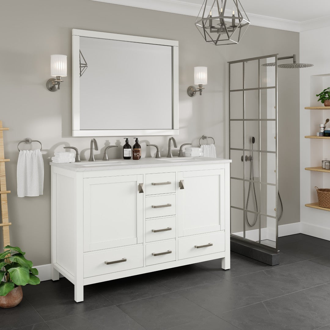 Aberdeen 48 in. White Double Sink Bath Vanity with Carrara Quartz Top and Undermount Porcelain Sinks