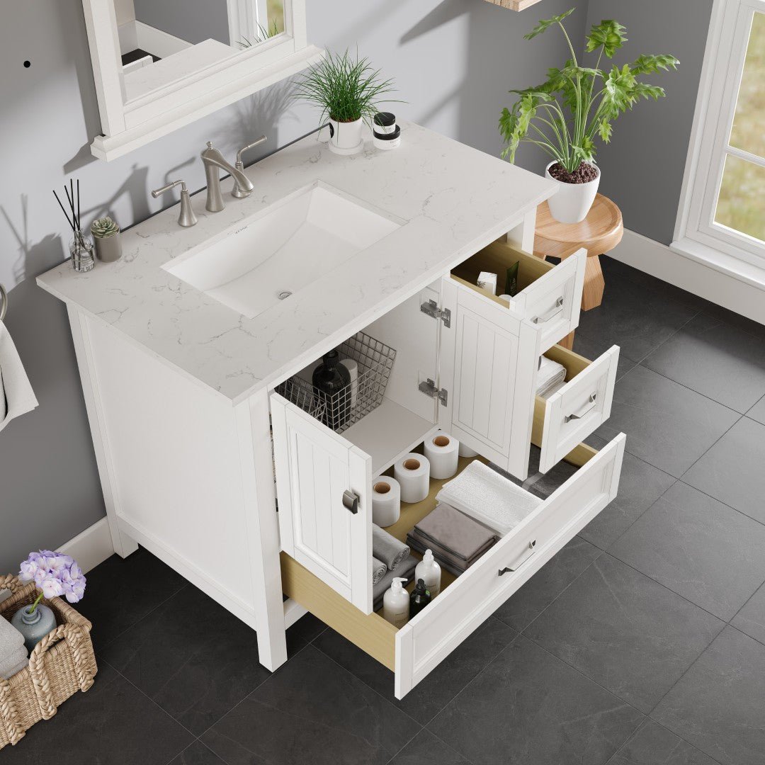 Britney 36 in. White Single Sink Bath Vanity with Carrara Quartz Top and Undermount Porcelain Sink - Bathroom Vanity by Eviva