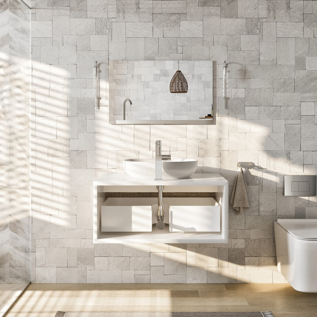 Santa Monica 36 in. Ash Wall Mount Single Sink Bath Vanity with Acrylic Top and Vessel Solid Surface Sink