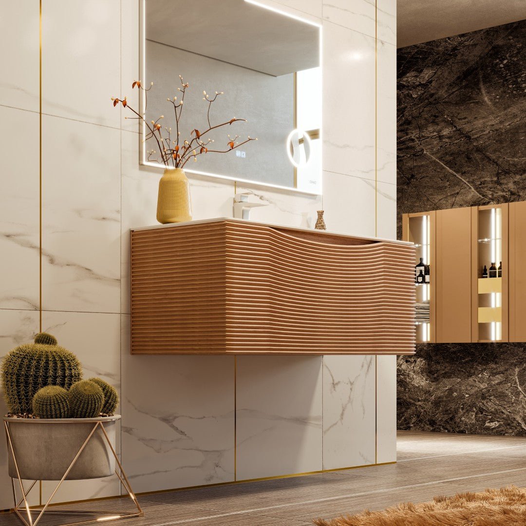 Leah 32 in. Medium Oak Wall Mount Single Sink Bath Vanity with Solid Surface Top and Integrated Sink - Bathroom Vanity by Eviva