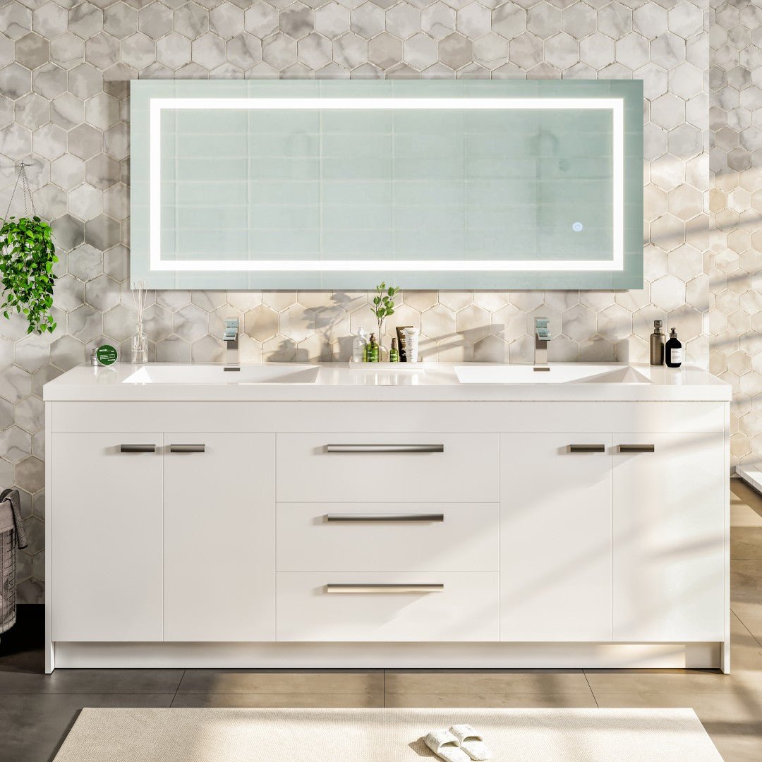 Lugano 84 in. White Double Sink Bath Vanity with Acrylic Top and Integrated Sinks - Bathroom Vanity by Eviva