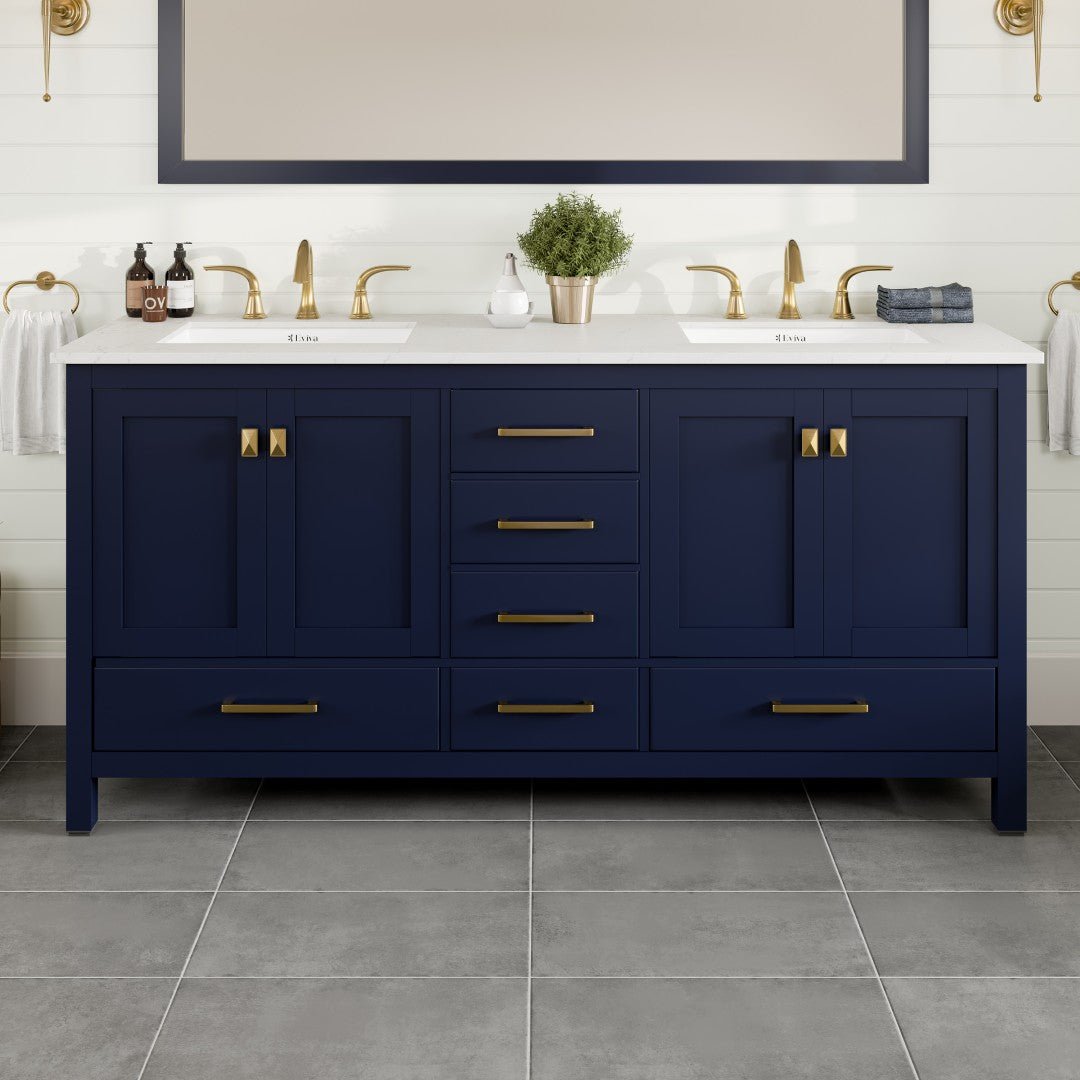 Aberdeen 78 in. Blue Double Sink Bath Vanity with Carrara Quartz Top and Undermount Porcelain Sinks - Bathroom Vanity by Eviva