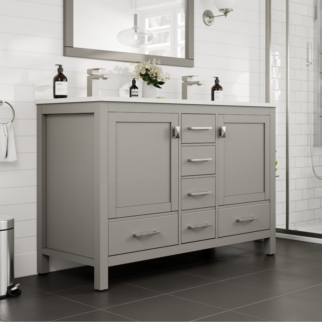 London 48 in. Gray Double Sink Bath Vanity with Carrara Quartz Top and Undermount Porcelain Sinks