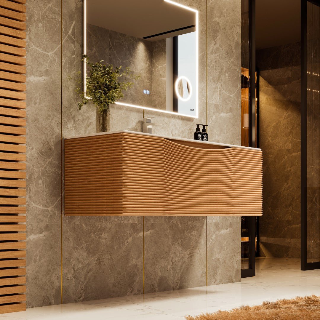 Leah 39 in. Medium Oak Wall Mount Single Sink Bath Vanity with Solid Surface Top and Integrated Sink - Bathroom Vanity by Eviva