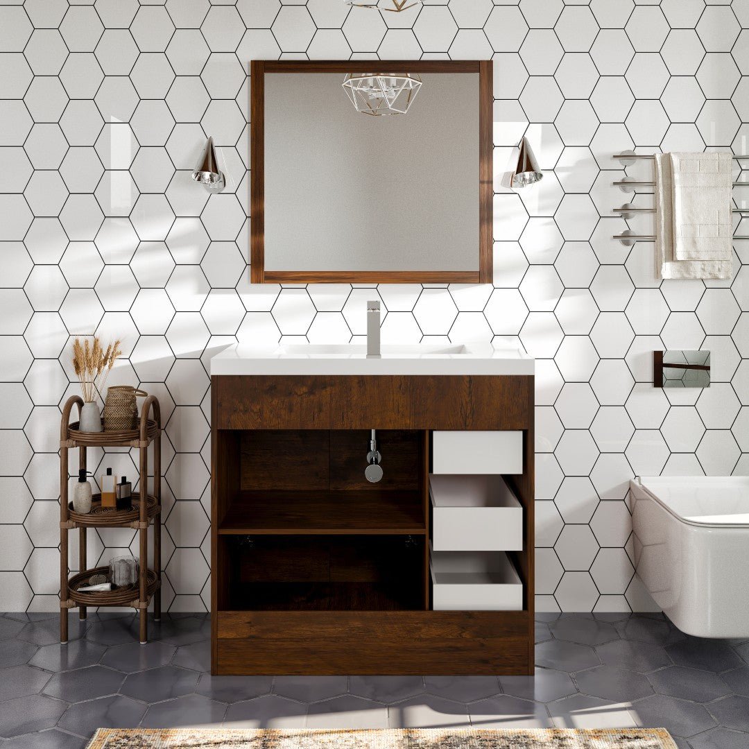 Lugano 36 in. Rosewood Single Sink Bath Vanity with Acrylic Top and Integrated Sink - Bathroom Vanity by Eviva