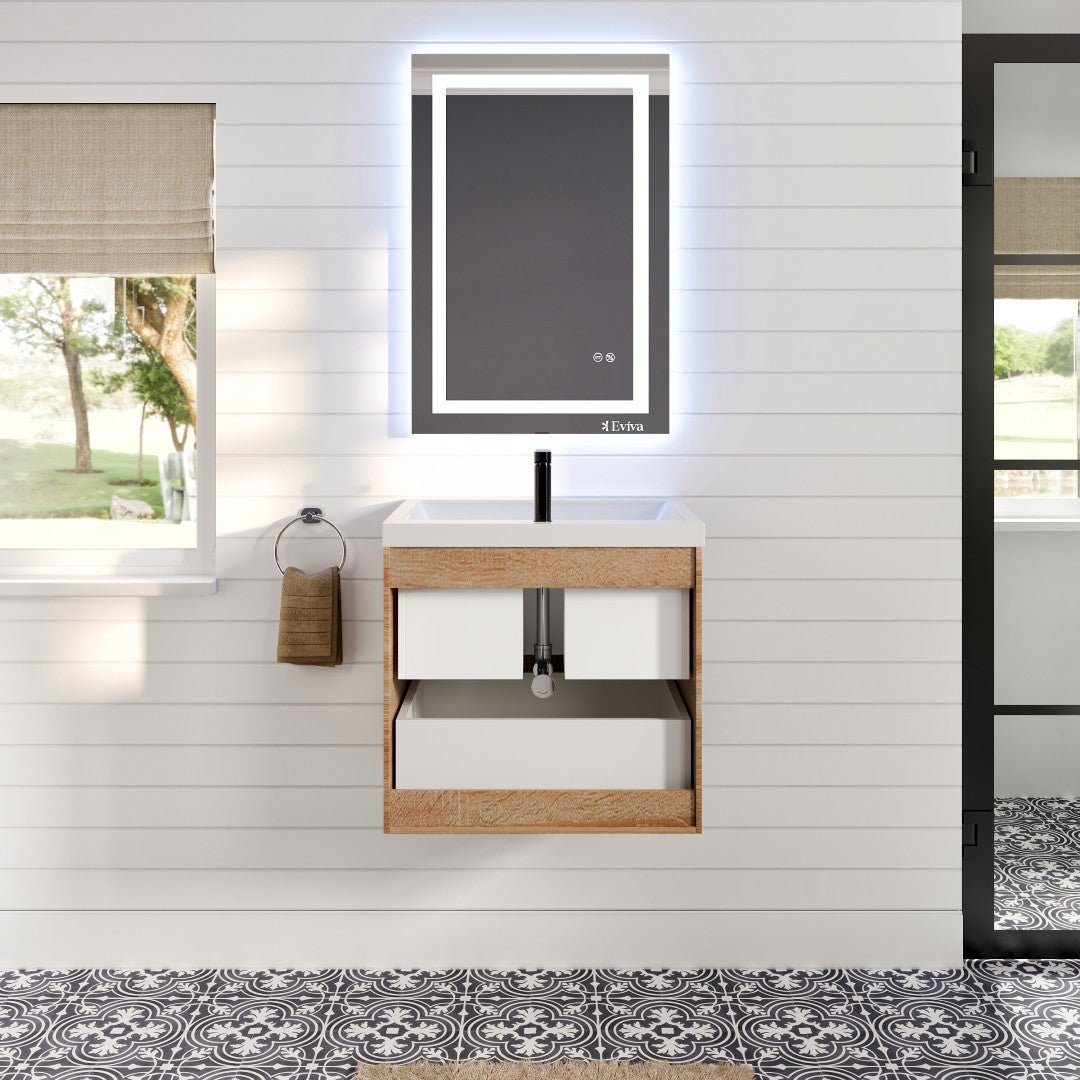 Smile 24 in. White Oak Wall Mount Single Sink Bath Vanity with Acrylic Top and Integrated Sink - Bathroom Vanity by Eviva