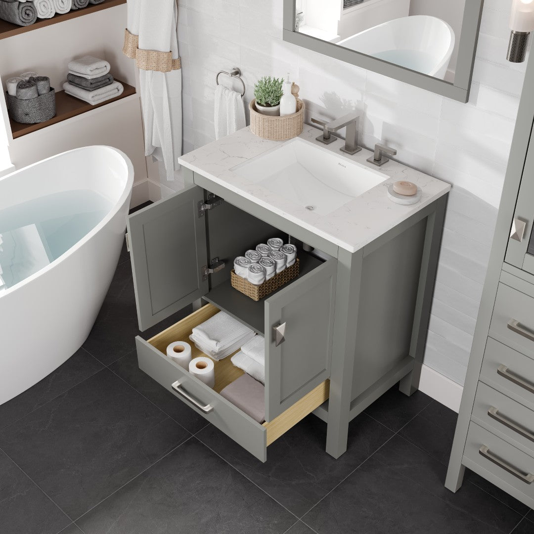 Aberdeen 30 in. Gray Single Sink Bath Vanity with Carrara Quartz Top and Undermount Porcelain Sink