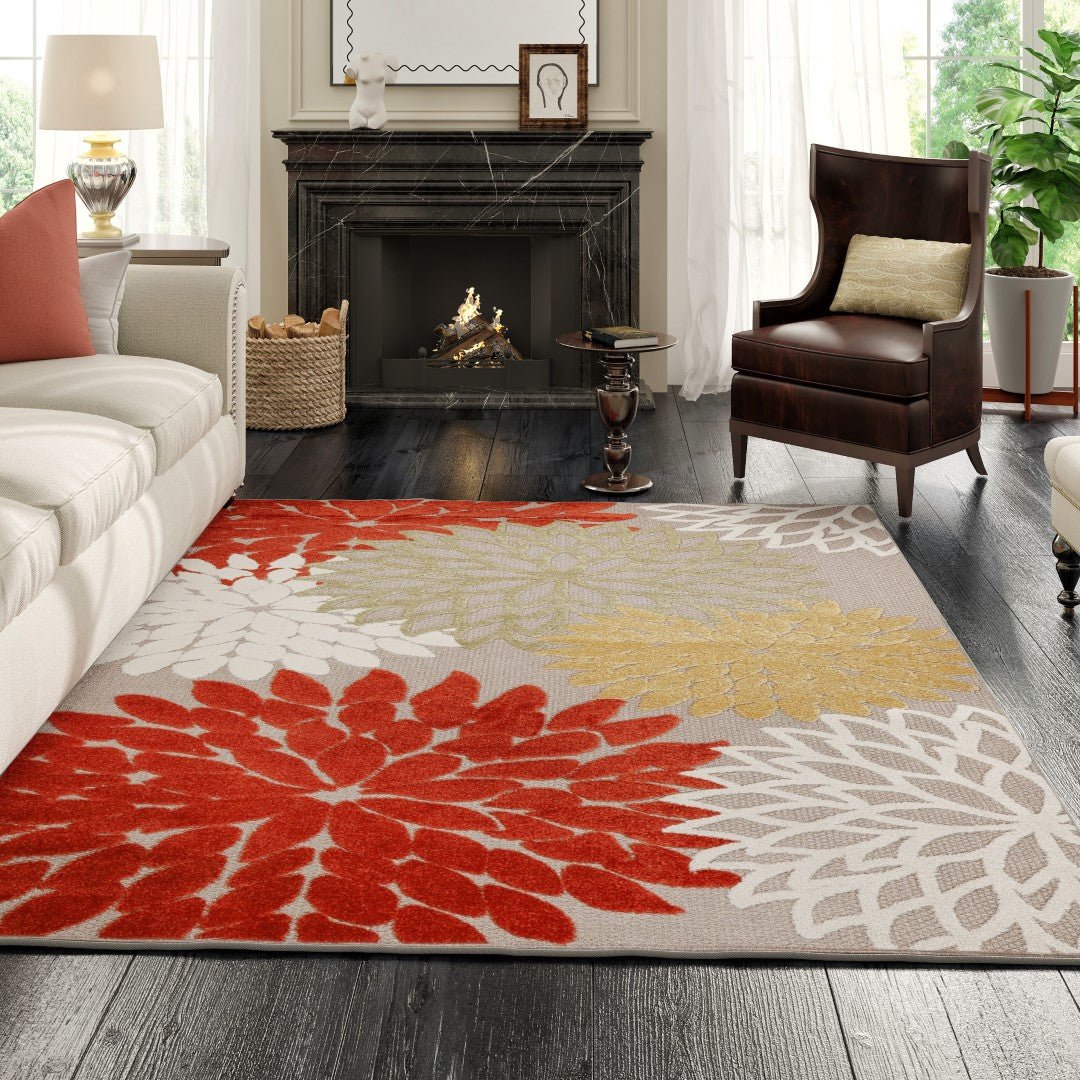 Eviva Nature 3' x 5' Floral Orange/Cream Rug - Rug by Eviva