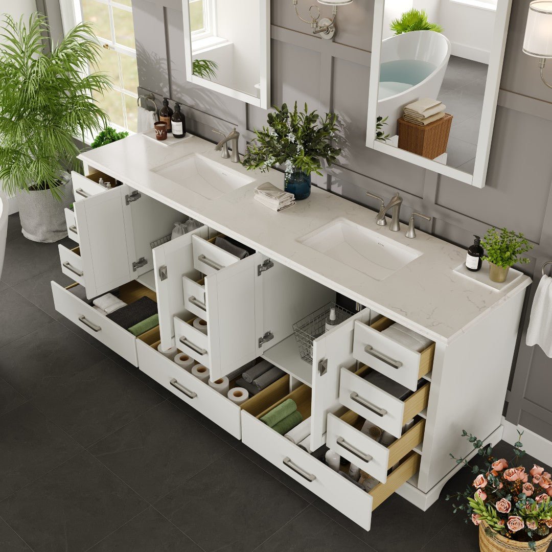 Storehouse 84 in. White Double Sink Bath Vanity with Carrara Quartz Top and Undermount Porcelain Sinks - Bathroom Vanity by Eviva